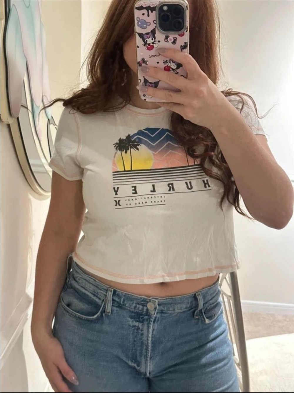 Hurley White Crop Tee with Sunset Palm Graphic